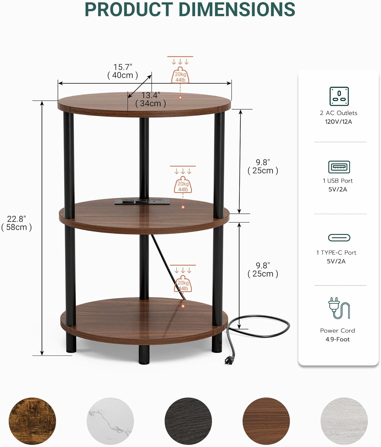 Small Round Side Table - 3-Tier Oval Accent Table for Small Spaces, Rustic Wood and Metal Nightstand for Living Room or Bedroom, with Built-in USB Ports and Power Outlet, Rustic Walnut