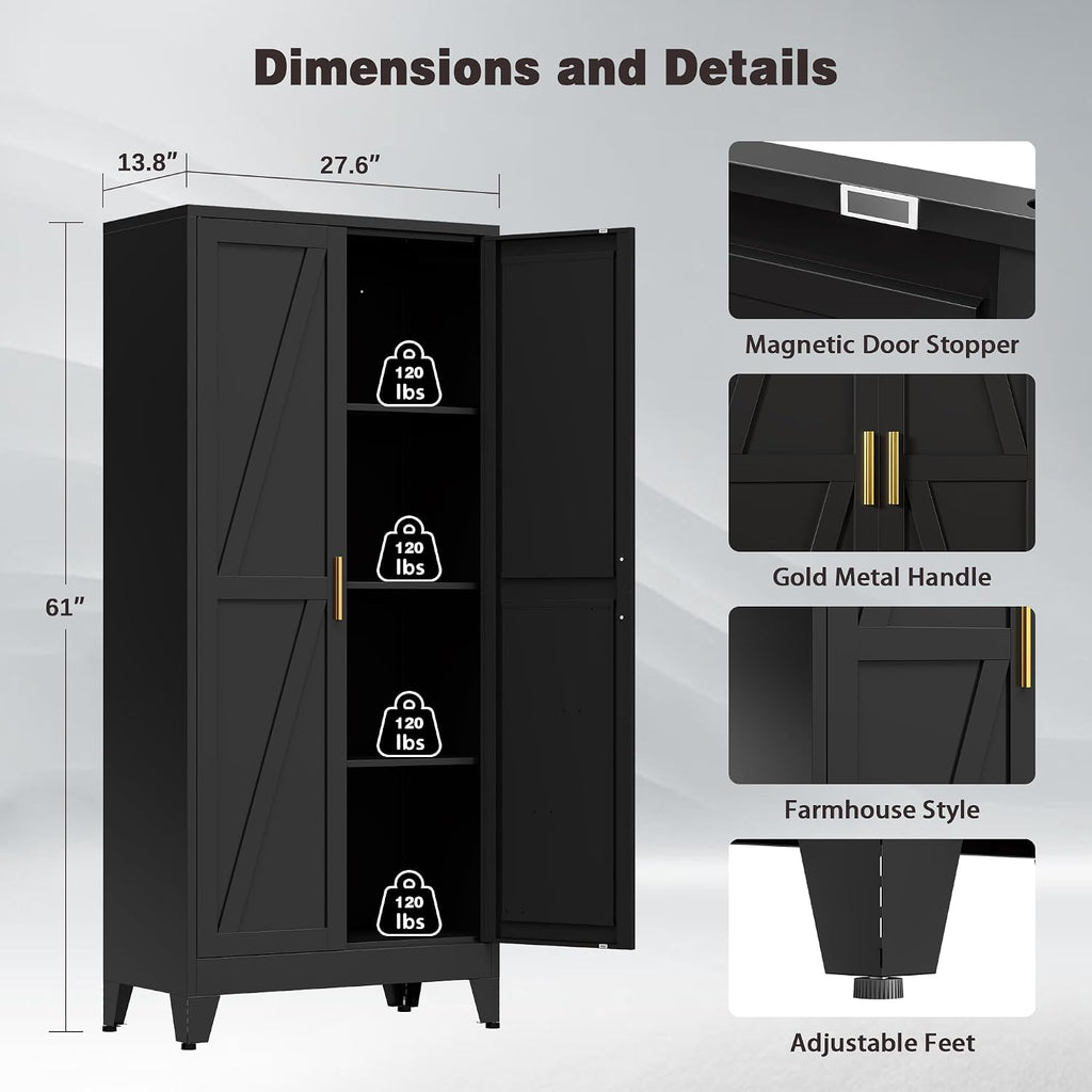 61" Tall Metal Pantry Cabinet, Kitchen Storage Cabinet with 2 Doors and 3 Adjustable Shelves for Kitchen, Living Room, Dining Room, Bathroom and Home, Office