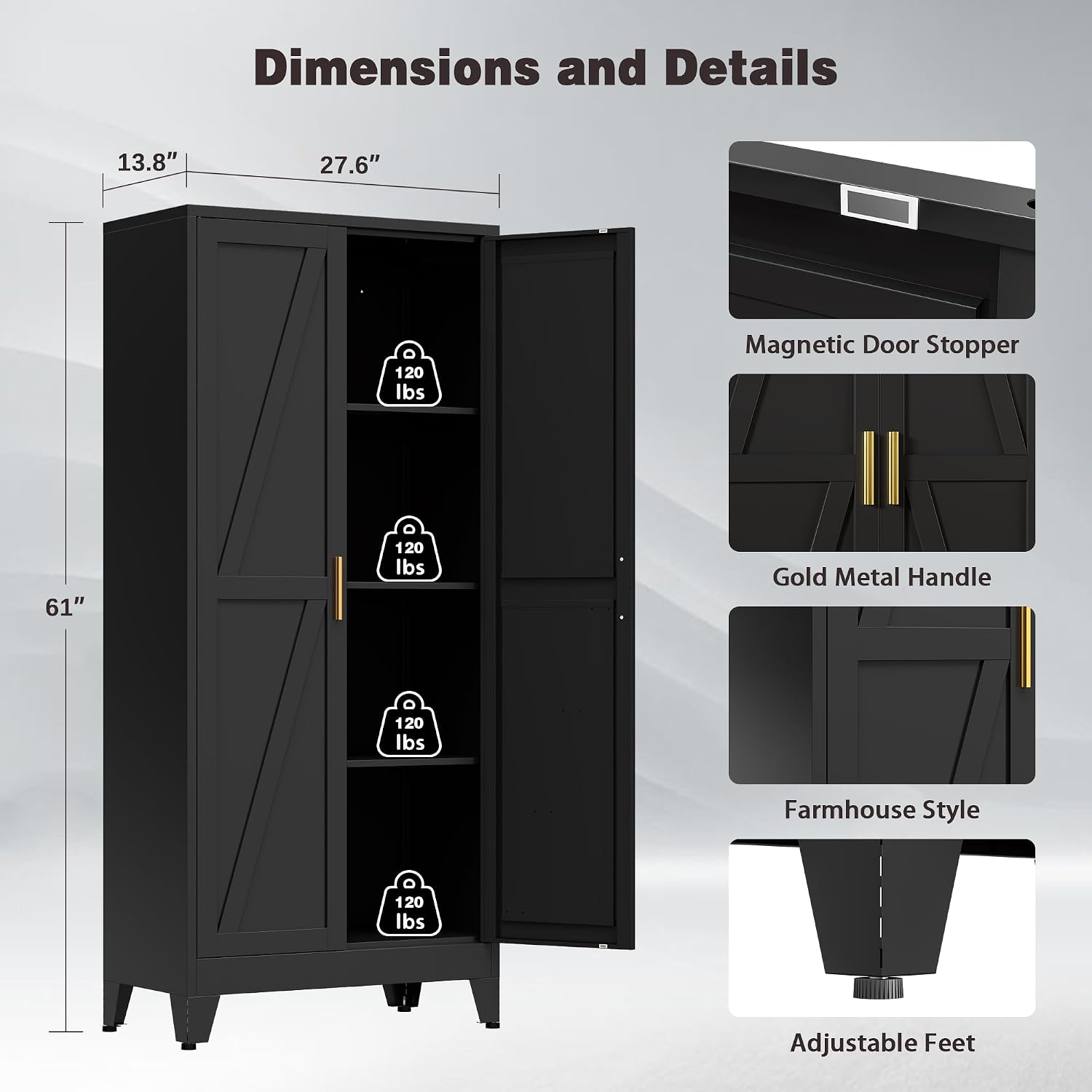 61" Tall Metal Pantry Cabinet, Kitchen Storage Cabinet with 2 Doors and 3 Adjustable Shelves for Kitchen, Living Room, Dining Room, Bathroom and Home, Office