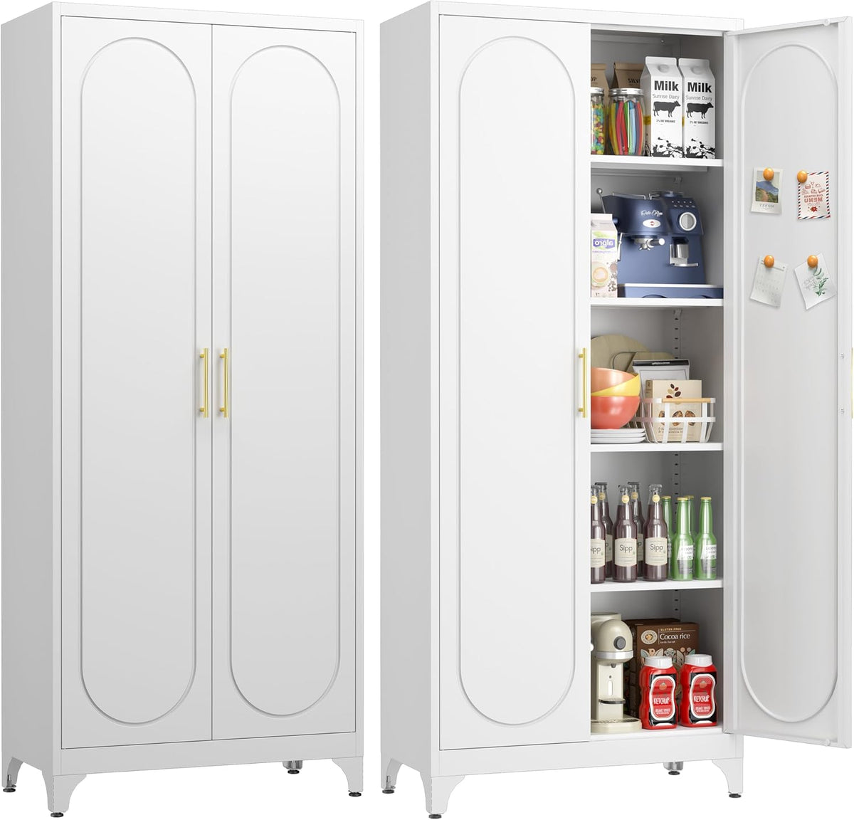 UNICOLY 75" Tall Pantry Storage Cabinet with Doors and 4 Adjustable Shelves, Freestanding Cupboard for Kitchen, Dining Room, Living Room, Bathroom, White