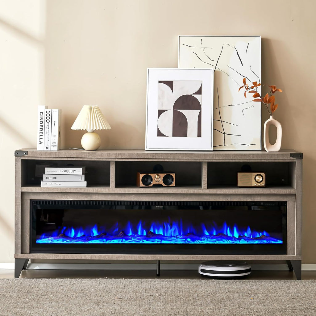 AMERLIFE 65" Fireplace TV Stand with 60" Glass Electric Fireplace, Industrial & Farmhouse Media Entertainment Center with Open Shelve Storage for TVs Up to 75", TV Console for Living Room, Light Gray