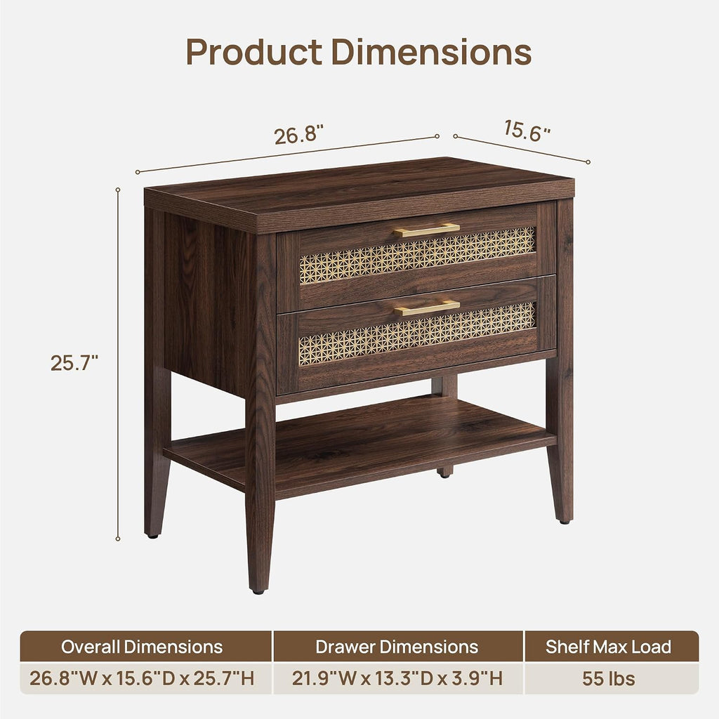 SICOTAS Night Stand Set 2,Rustic Nightstand Set of 2 with Drawer and Shelf | Large Bedside Table for Bedroom, Mid Century Modern Nightstand, 25.7" Tall Side End Table, Espresso Walnut, 2 Pieces