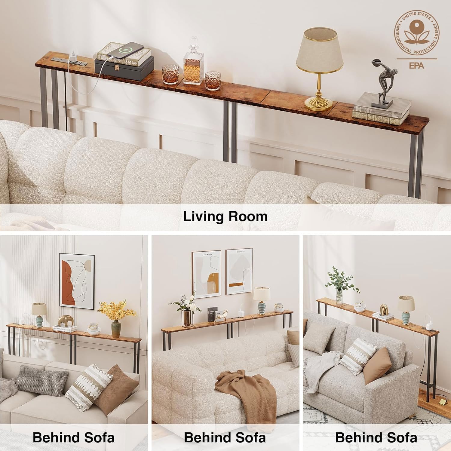 Keelian 78" Narrow Console Sofa Table with Power Outlets & 2 USB Ports | Metal Frame, Perfect for Hallway, Office, and Behind Couch Table - Easy Assembly, 4.9" Extension Cord Included