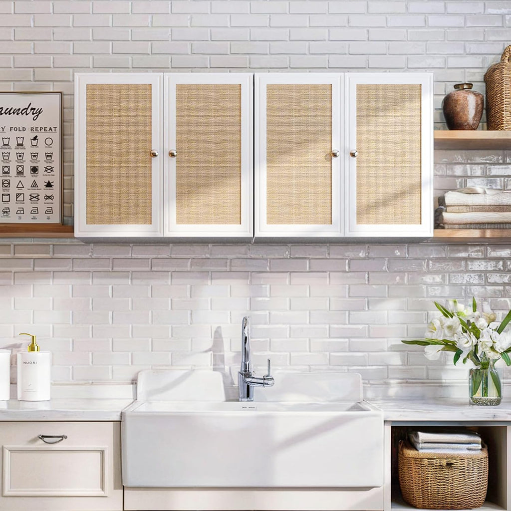 Laundry Room Cabinets with Lights, 24INCH Bathroom Cabinets Wall Mounted with Adjustable Shelves, Rattan Wall Cabinet for Bedroom, Kitchen, Bathroom (2PCS, White)