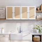 Laundry Room Cabinets with Lights, 24INCH Bathroom Cabinets Wall Mounted with Adjustable Shelves, Rattan Wall Cabinet for Bedroom, Kitchen, Bathroom (2PCS, White)