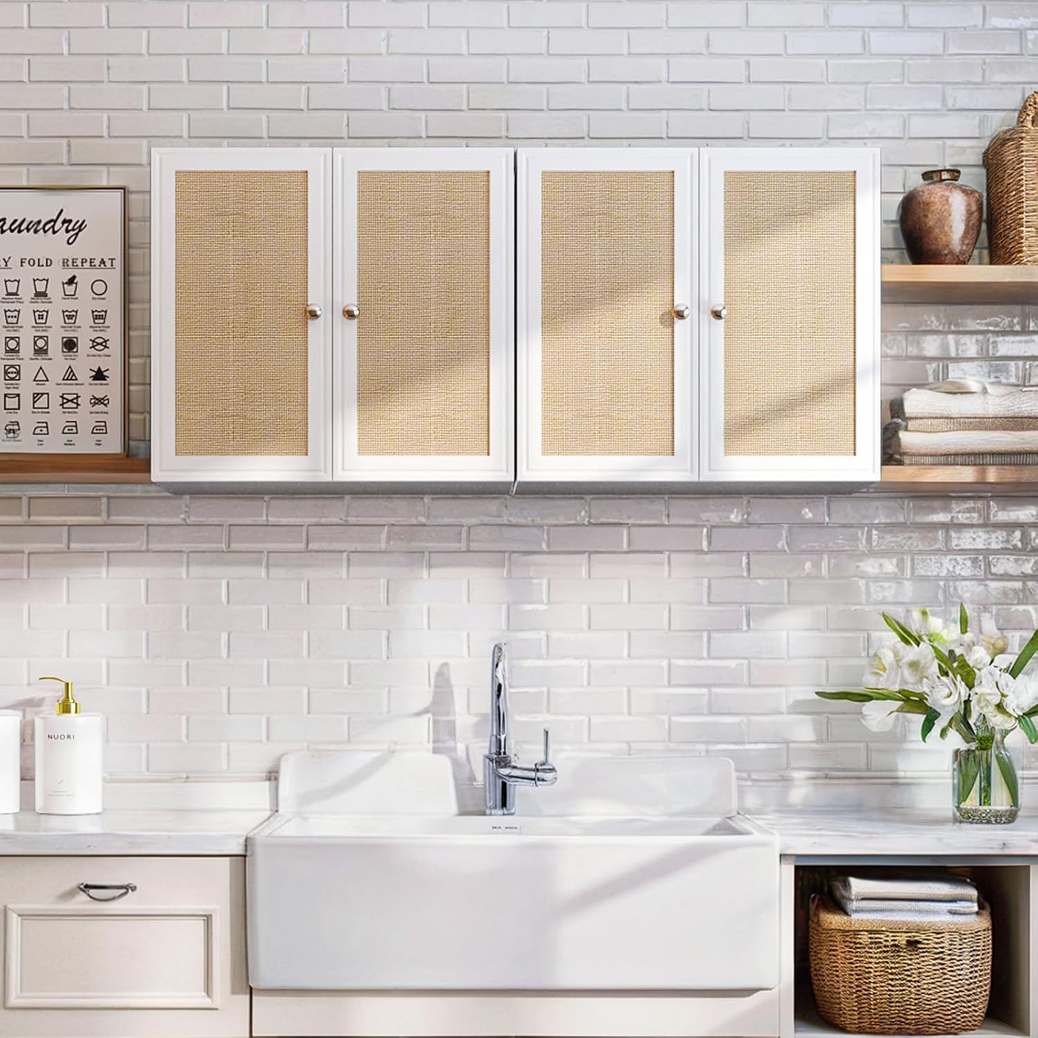 Laundry Room Cabinets with Lights, 24INCH Bathroom Cabinets Wall Mounted with Adjustable Shelves, Rattan Wall Cabinet for Bedroom, Kitchen, Bathroom (2PCS, White)
