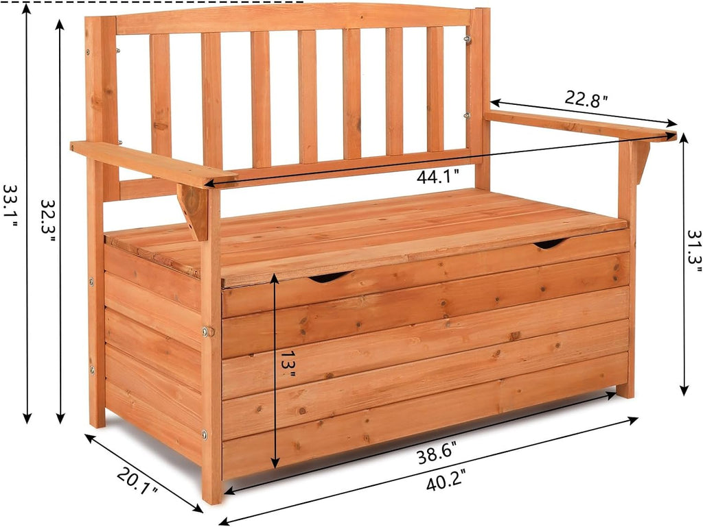 Outdoor Cedar Wood Storage Bench with Backrest and Armrests | 44.09 x 22.83 x 33.07 Inch, 440 lbs Capacity