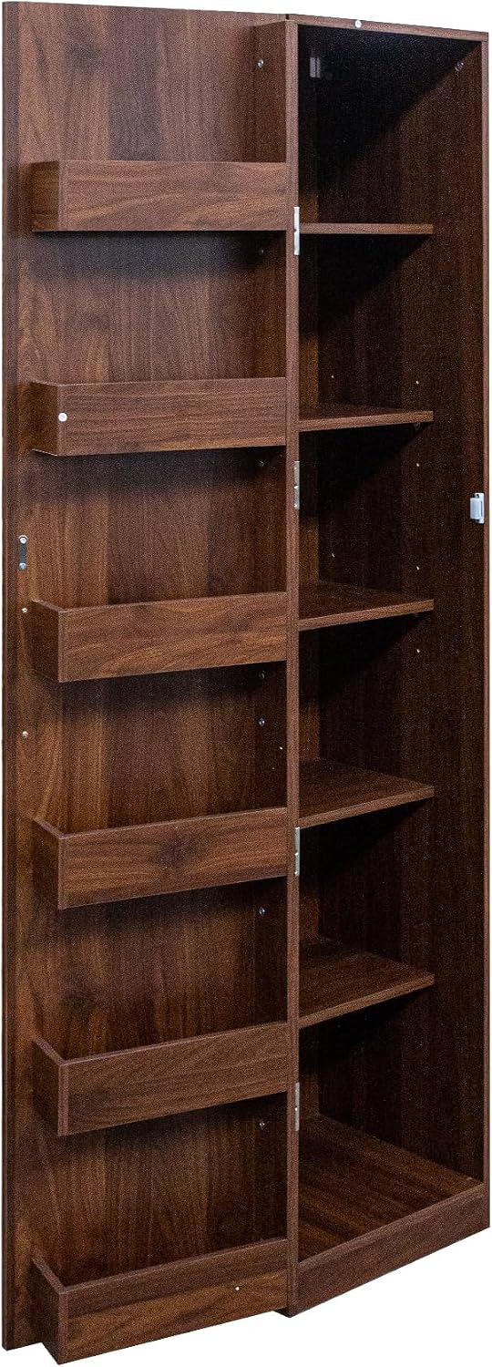 70" Tall Slim Pantry Cabinet with Side Racks & Adjustable Shelves (Walnut) | Space Saving Freestanding Slim Narrow Cabinet Single Door with Shelves & Racks for Kitchen Dining Room Small Spaces