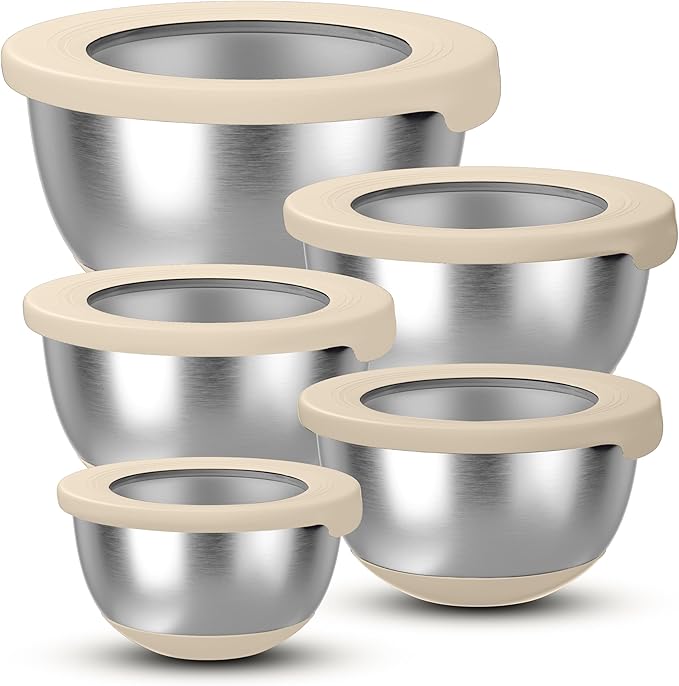 Stainless Steel Mixing Bowls with Lids – Set of 5 Large Nesting Metal Bowls for Kitchen, Baking, Cooking, Food Prep & Storage, Non-Slip Base, Dishwasher Safe,Khaki