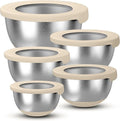 Stainless Steel Mixing Bowls with Lids – Set of 5 Large Nesting Metal Bowls for Kitchen, Baking, Cooking, Food Prep & Storage, Non-Slip Base, Dishwasher Safe,Khaki