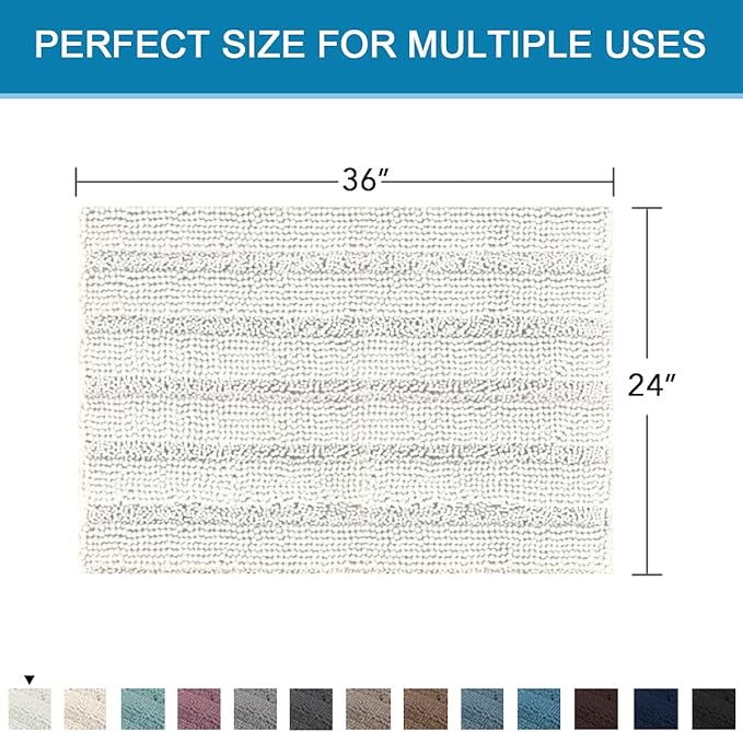 H.VERSAILTEX Bath Mats for Bathroom Non Slip Extra Thick Chenille Striped Bath Rug 24" x 36" Absorbent Non Skid Fluffy Soft Shaggy Rugs Washable Dry Fast Plush Mats for Indoor, Bath Room, Tub - Cream