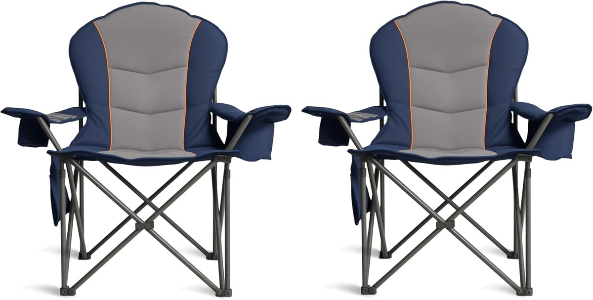 Oversized Camping Chair Heavy Duty- Portable Folding Chair, Cup Holder & Waterproof Phone Case for Adults, Beach, Hiking, Backyard (Blue & Gray, 2 PCS)