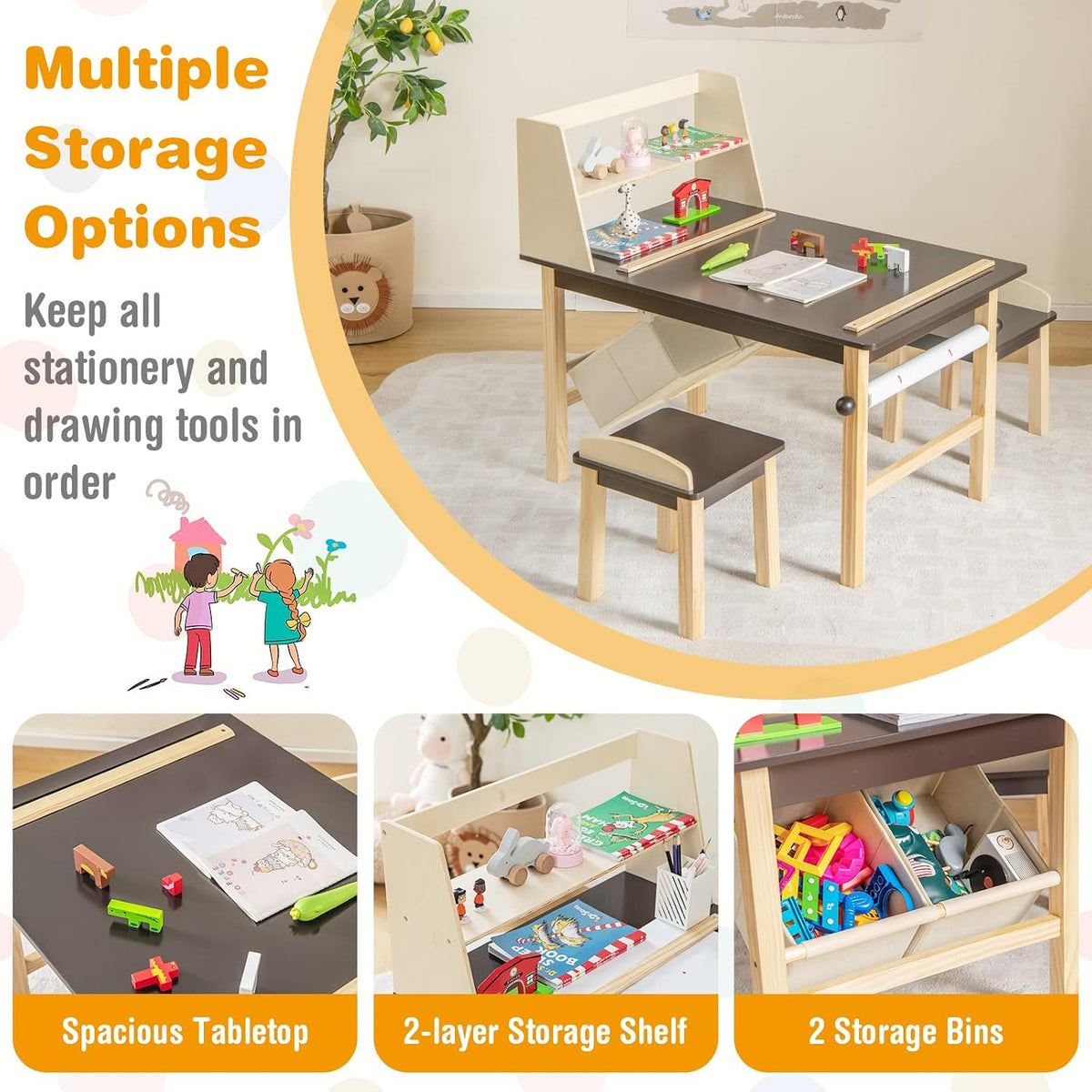Costzon Kids Art Table and Chair Set, Wooden Activity Table and 2 Stools w/a Paper Roll, 2 Markers, 2 Storage Bins for 3+ Years Old Boys Girls Drawing Painting Craft, Toddler Table and Chairs (Brown)