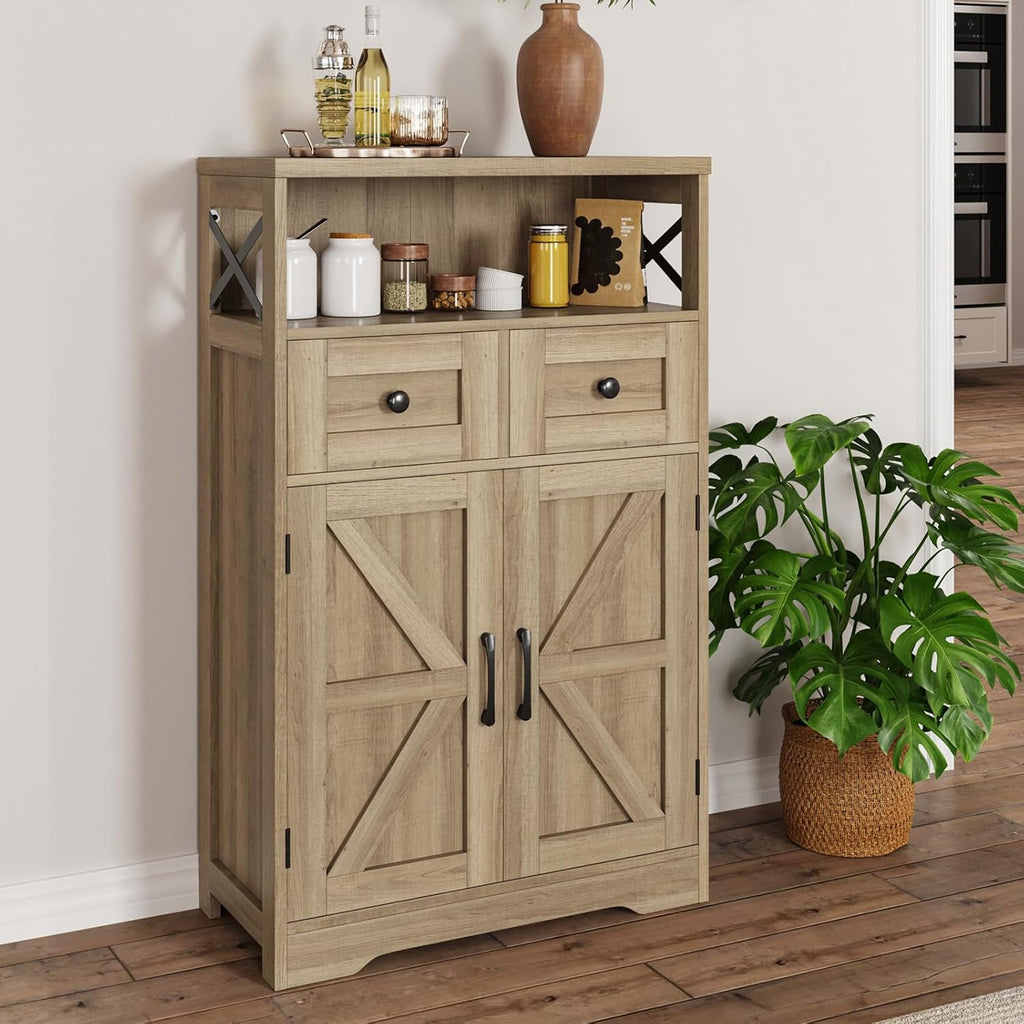 FiveWillowise Natural Storage Cabinet with Doors and Shelves, Standing Kitchen Pantry Cabinet, Floor Storage Hutch Cupboard, Coffee Bar Station for Dining, Living Room, Home Office