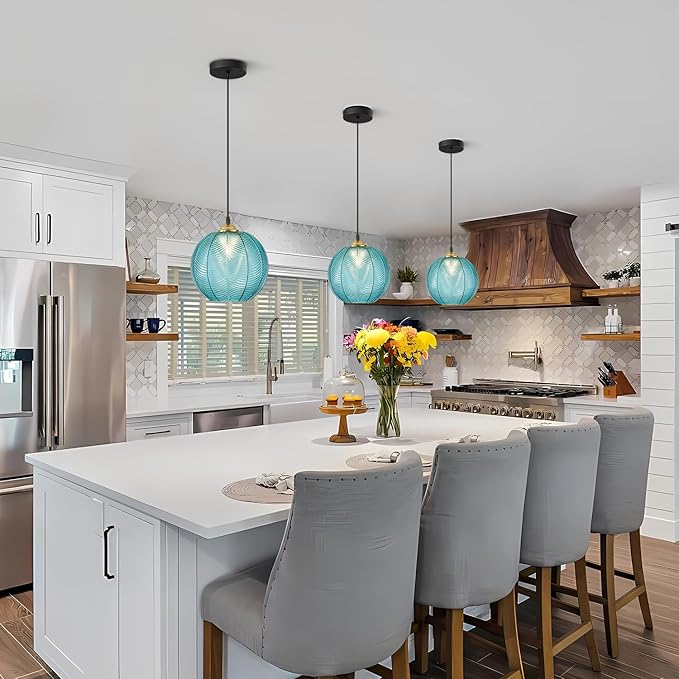 KCO Lighting Mid Century Modern Blue Glass Pendant Light Large Globe Kitchen Island Dining Pendant Lights Black Round Ceiling Hanging Lighting Fixture Adjustable Cord Farmhouse Foyer Chandelier