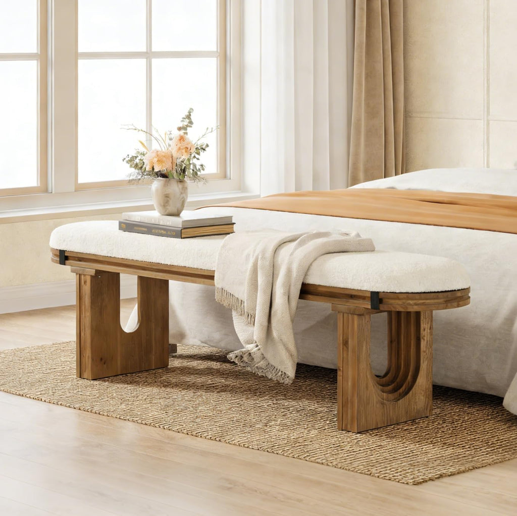 LITTLE TREE Solid Wood Bench, 47.24" End of Bed Bench, Entryway Bench with Upholstered for Hallway, Living Room, Bedroom, Kitchen
