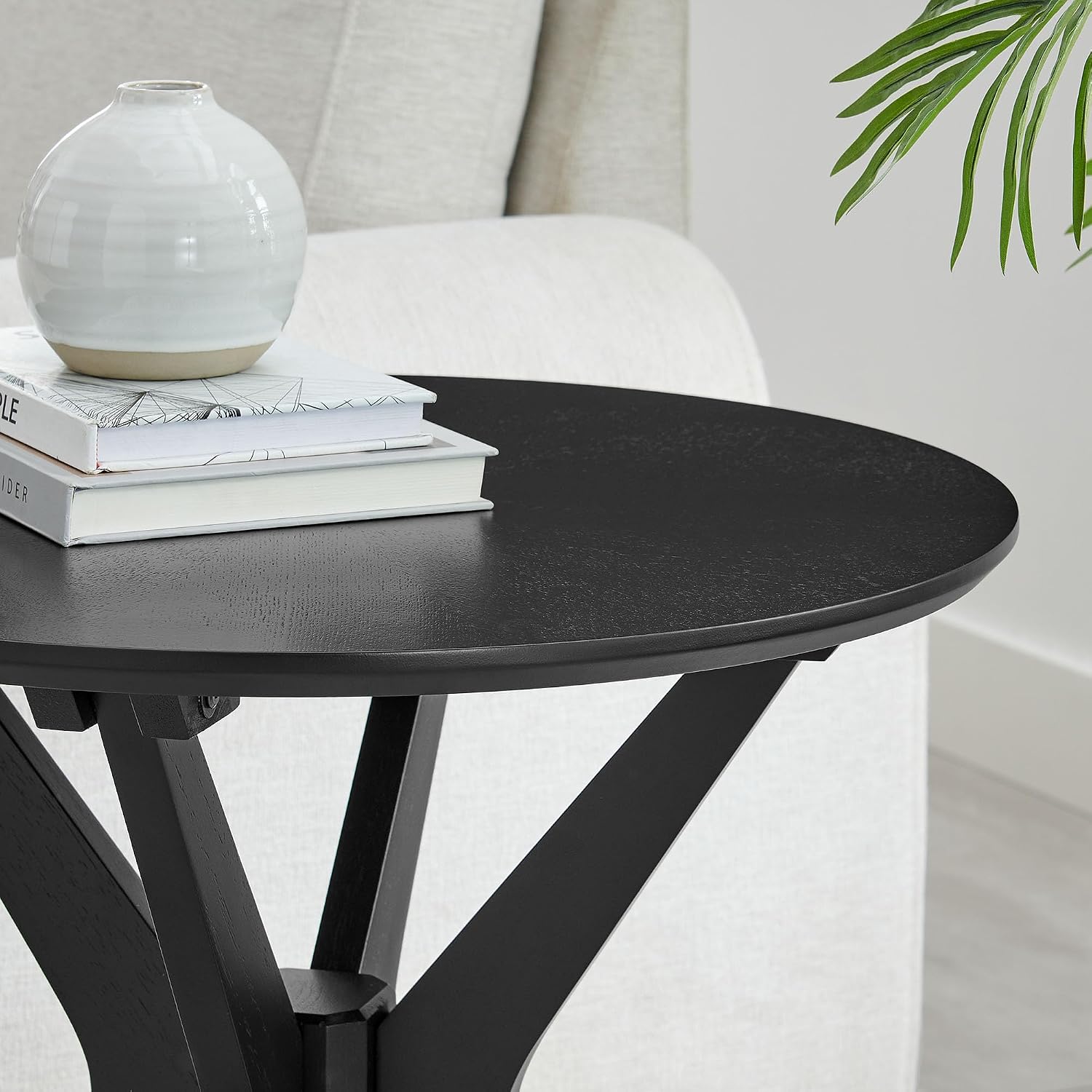 Modway Crossroads 24” Round Wood Side Table, Ash Wood Veneer in Black