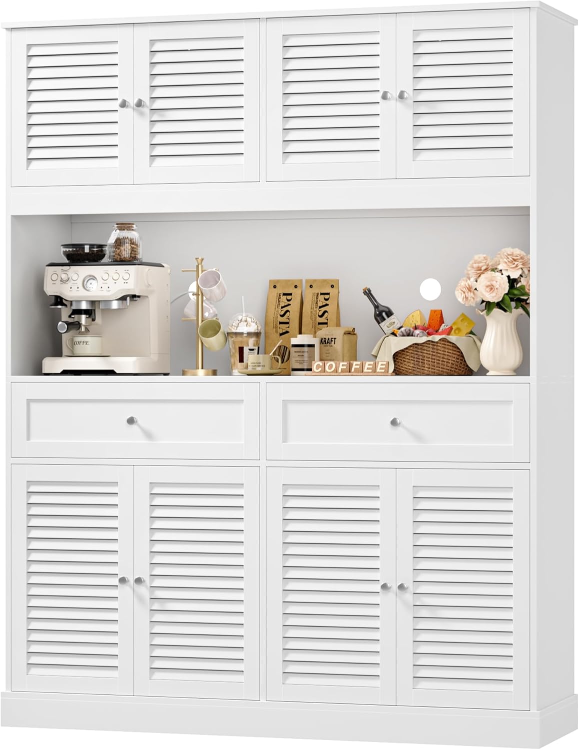 HIFIT 71“HX55“W Large Pantry Cabinet for Food Storage, Farmhouse Kitchen Hutch with Storage Drawers, Tall Kitchen Pantry Cabinet with Microwave Stand for Dining Living Room, White