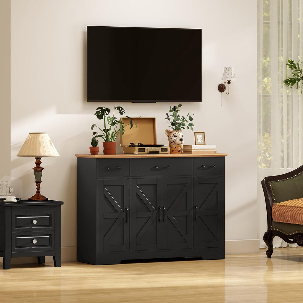 HOMCOM 47" Sideboard Buffet Cabinet, Farmhouse Credenza with Soft-Close Hinges, Coffee Bar Cabinet with Spice Racks, 3 Drawers and 3 Adjustable Shelves, Black