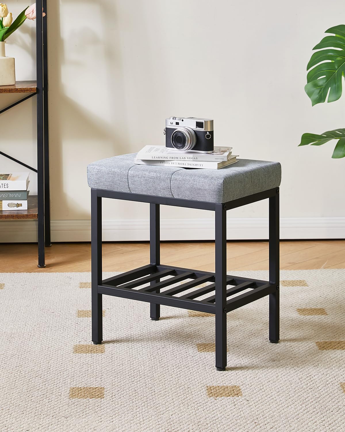 IBUYKE Rectangular Makeup Stool with Adjustable Feet and Storage Space, Footrest Chair, Linen Seat Vanity Stool, Multi-Use as Small Side Table or Ottoman, for Bedroom, Blue Gray WBD017L