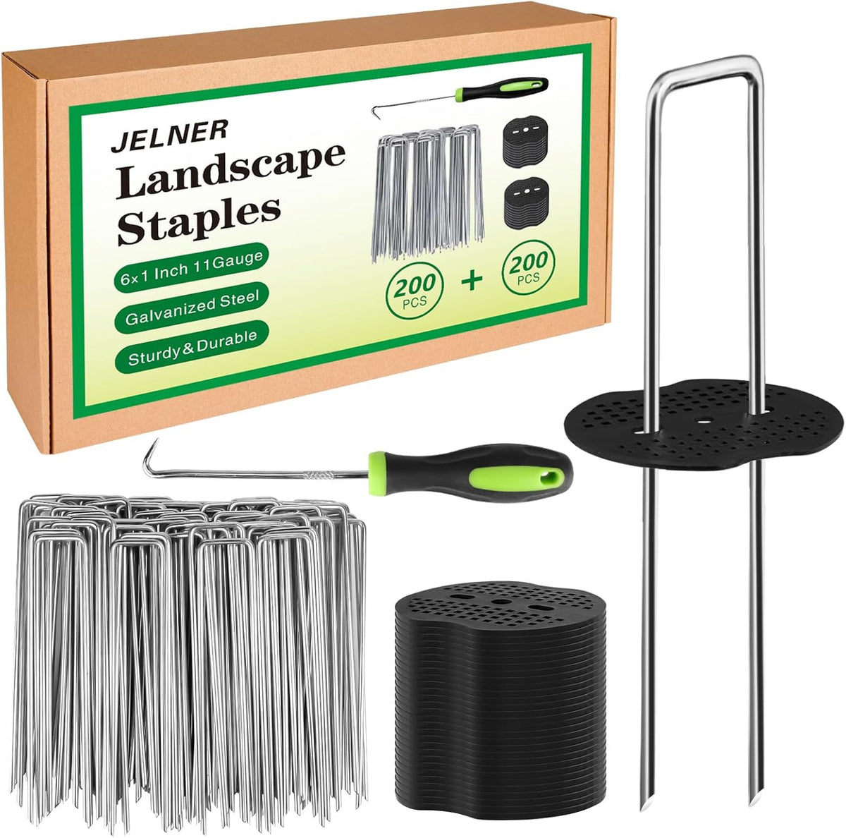 Garden Stakes,6 Inch 11 Gauge 200pcs Galvanized Landscape Staples and 200pcs Gaskets +1Pick Hook, Tent Stakes Landscaping Fabric SOD Pins for Weed Fabric Barrier,Groud Cover,Fence
