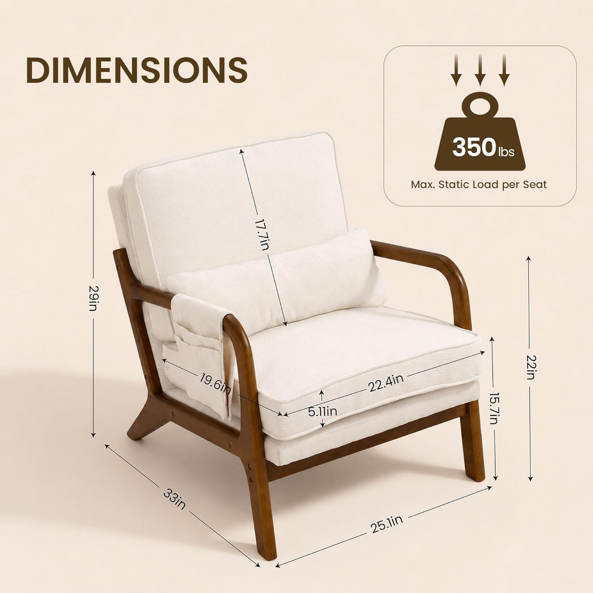 1 PCS Accent Chair for Living Room, Mid-Century Modern Armchair with Solid Wood Frame and Side Pocket, Upholstered Reading Chair for Bedroom, Small Spaces, Apartment, Beige