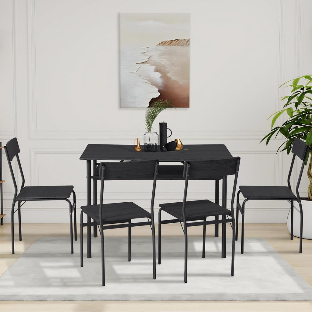 ECOTOUGE Dining Table Set for 4, Wood Kitchen Table and Chairs with Storage Shelves & Metal Frame, Compact Mid-Century Modern Rectangle Dinner Table Sets for Small Space, Apartment, Black