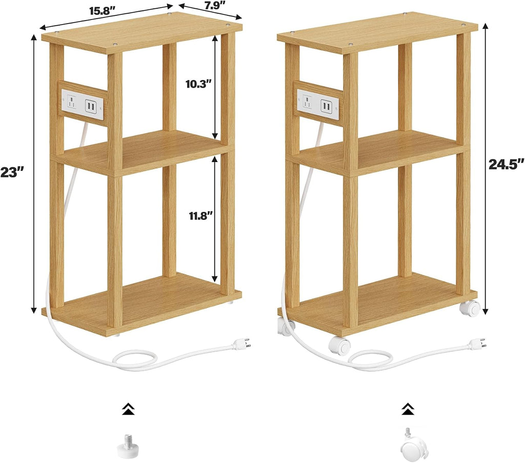 TUTOTAK Small Narrow Side Table with Charging Station, Skinny End Table for Small Spaces, Slim Nightstand with USB Ports and Outlet, Sofa Beside Table with Wheels, Natural TB01BN047