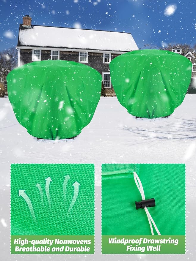 ANPHSIN 2 pcs 9.8ft x 9.8ft Extra Large Plant Covers Freeze Protection- Winter Shrub Plant Protection Bags, Frost Blankets Cloths with Drawstring for Outdoor Garden Potted Plants Shrub, Green