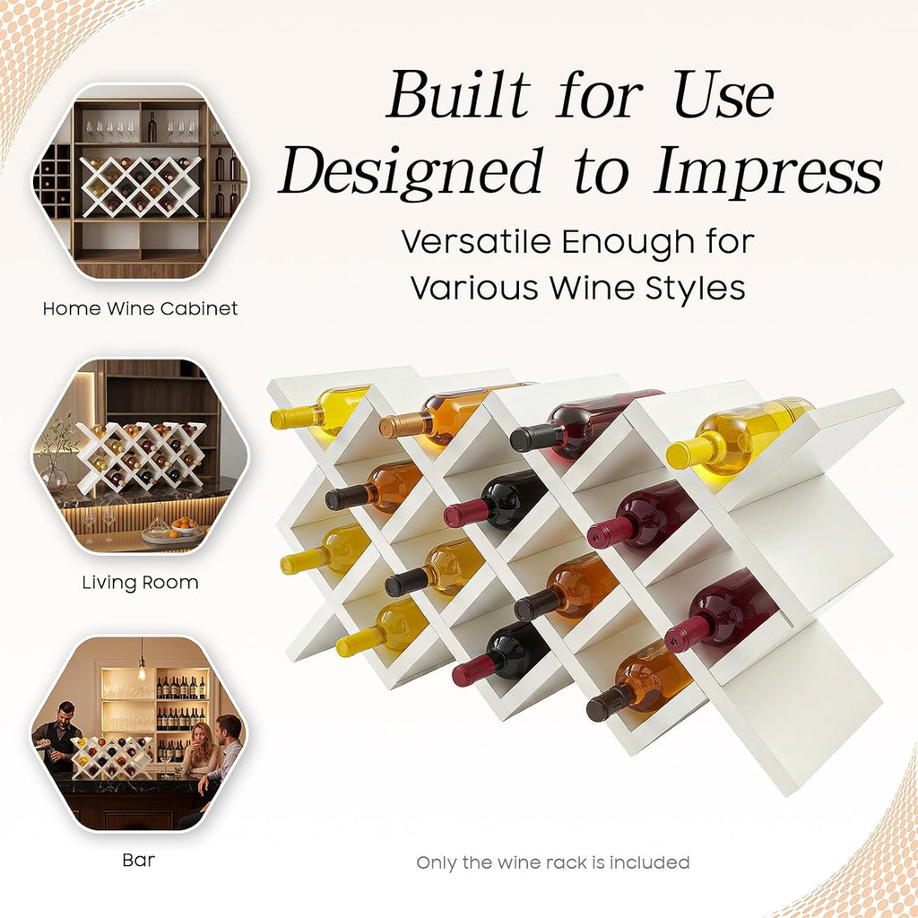10 Grids Wooden Wine Rack – Wall Mounted or Countertop Storage, Diamond Lattice Design for 10 Bottles, Space-Saving Horizontal Storage, White