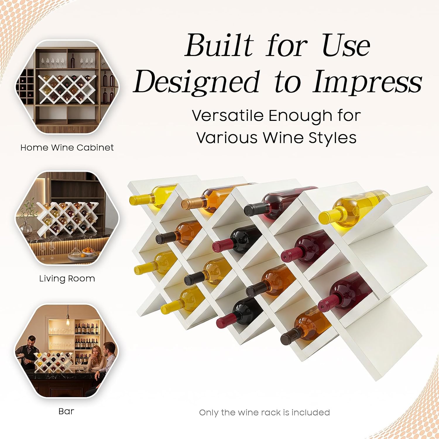 10 Grids Wooden Wine Rack – Wall Mounted or Countertop Storage, Diamond Lattice Design for 10 Bottles, Space-Saving Horizontal Storage, White