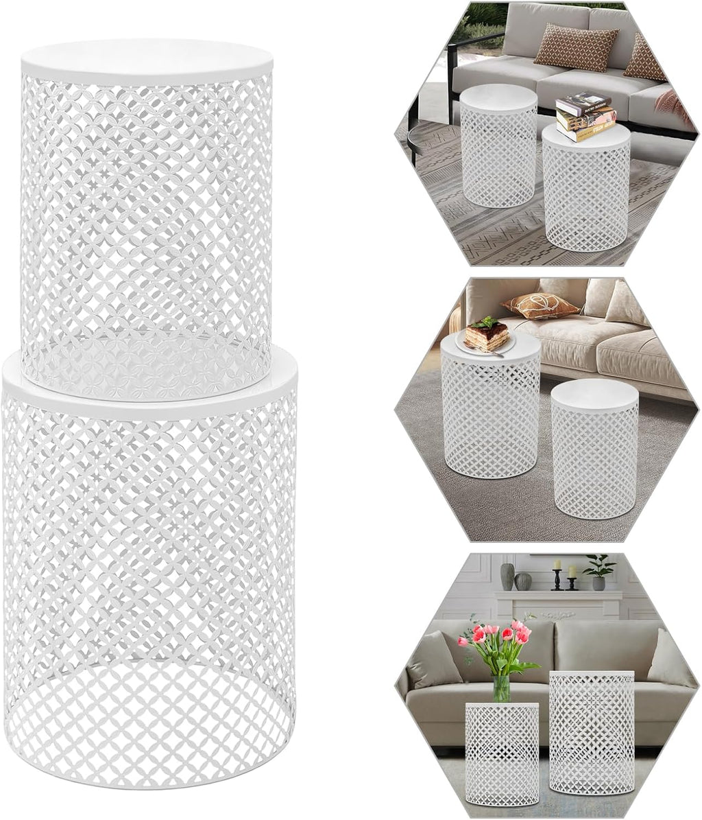Side Table, Set of 2 Accent Table Decorative Garden Stools for Indoor Outdoor, Bedside Table End Table for Bedroom, Patio, Cafe, Bar, Garden, Nesting, White