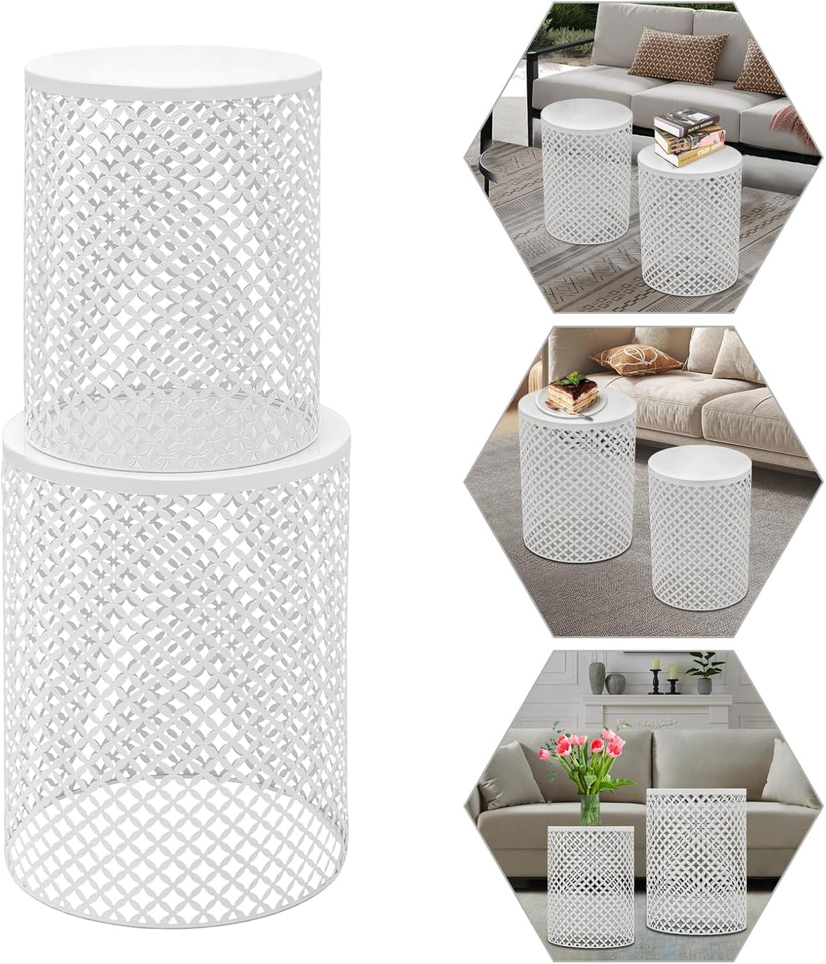 Side Table, Set of 2 Accent Table Decorative Garden Stools for Indoor Outdoor, Bedside Table End Table for Bedroom, Patio, Cafe, Bar, Garden, Nesting, White