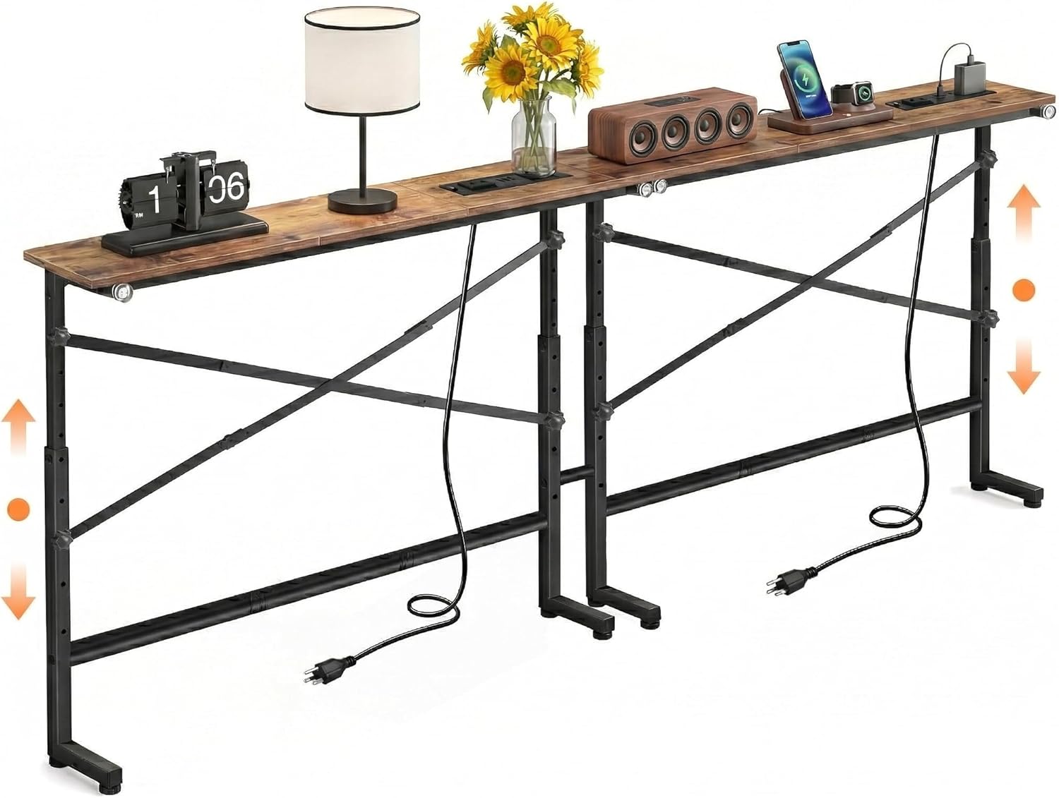 78.8inch Adjustable Height Narrow Sofa Side Table with 2 Power Outlets, Couch Behind Table for Small Space, Hallway, Entryway, Bedside, Bedroom, Stable, Easy to Assemble & Clean(Rustic Brown)