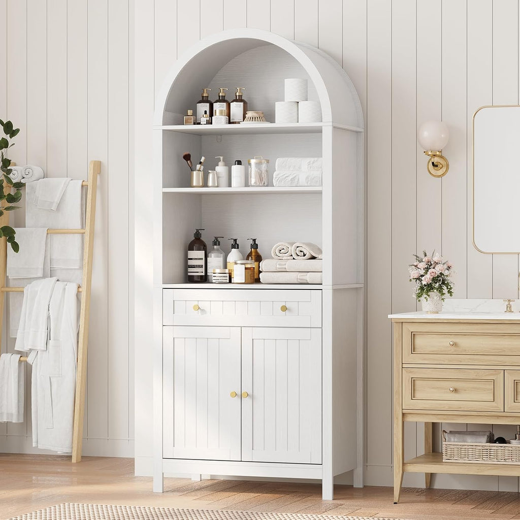 Modern Farmhouse Arched Pantry Cabinet 73" – Freestanding Tall Storage with Adjustable Shelves & Drawer – Accent Kitchen, Dining, Living or Bedroom Cupboard – Embossed White