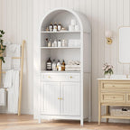 Modern Farmhouse Arched Pantry Cabinet 73" – Freestanding Tall Storage with Adjustable Shelves & Drawer – Accent Kitchen, Dining, Living or Bedroom Cupboard – Embossed White
