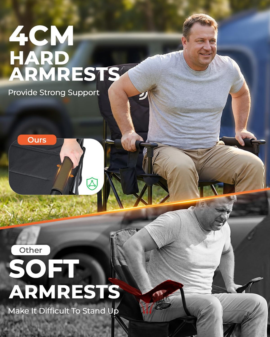 Sportneer Oversized Heavy Duty Camping Chair 500 LBS Capacity, Folding Portable Chair with Padded Seat, Strong Armrests for Easy Standing, Cup Holder & Side Storage Bag, Outdoor Camping Fishing Chair