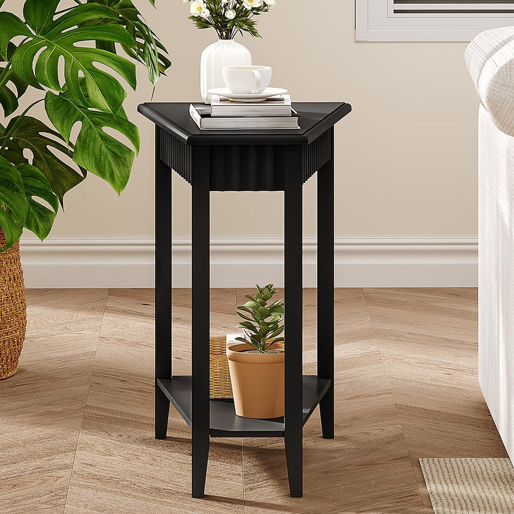 ChooChoo Wedge End Table, Narrow Triangle Side Table with 2-Tier Storage Shelf, Fluted Recliner Side Table for Corner, Living Room, Bedroom, Small Space, Black