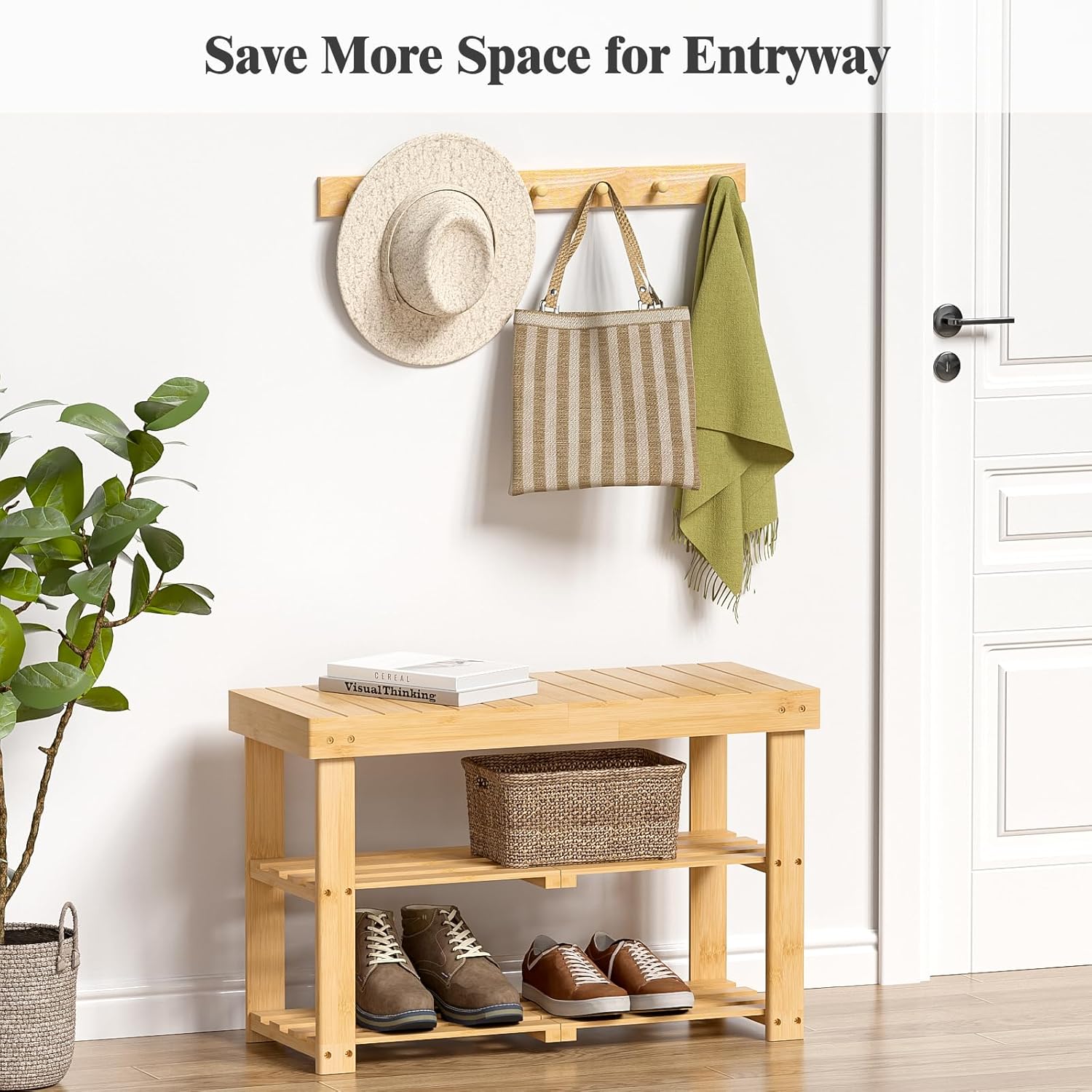 BAMBUROBA Bamboo Shoe Rack Bench, 3-Tier Entryway Bench, Small Shoes Storage Organizer Holds Up to 300lbs, 27.5 x 11 x 16.9 Inches, for Front Door, Hallway, Living Room, Bedroom,Natural