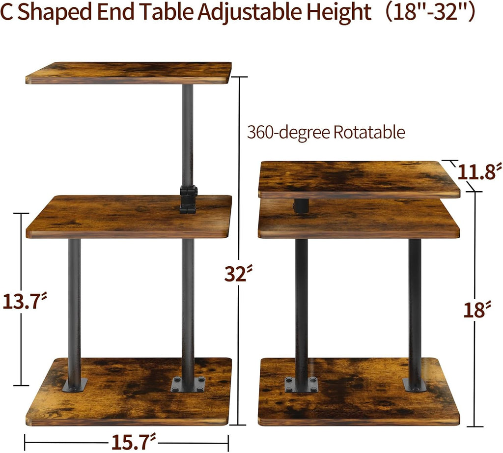 Swivel Side Table Adjustable Height, 3-Tier End Table with 360°Rotatable Tray, Space Saving Nightstand with Storage Shelf for Small Spaces, Living Room, Bedroom