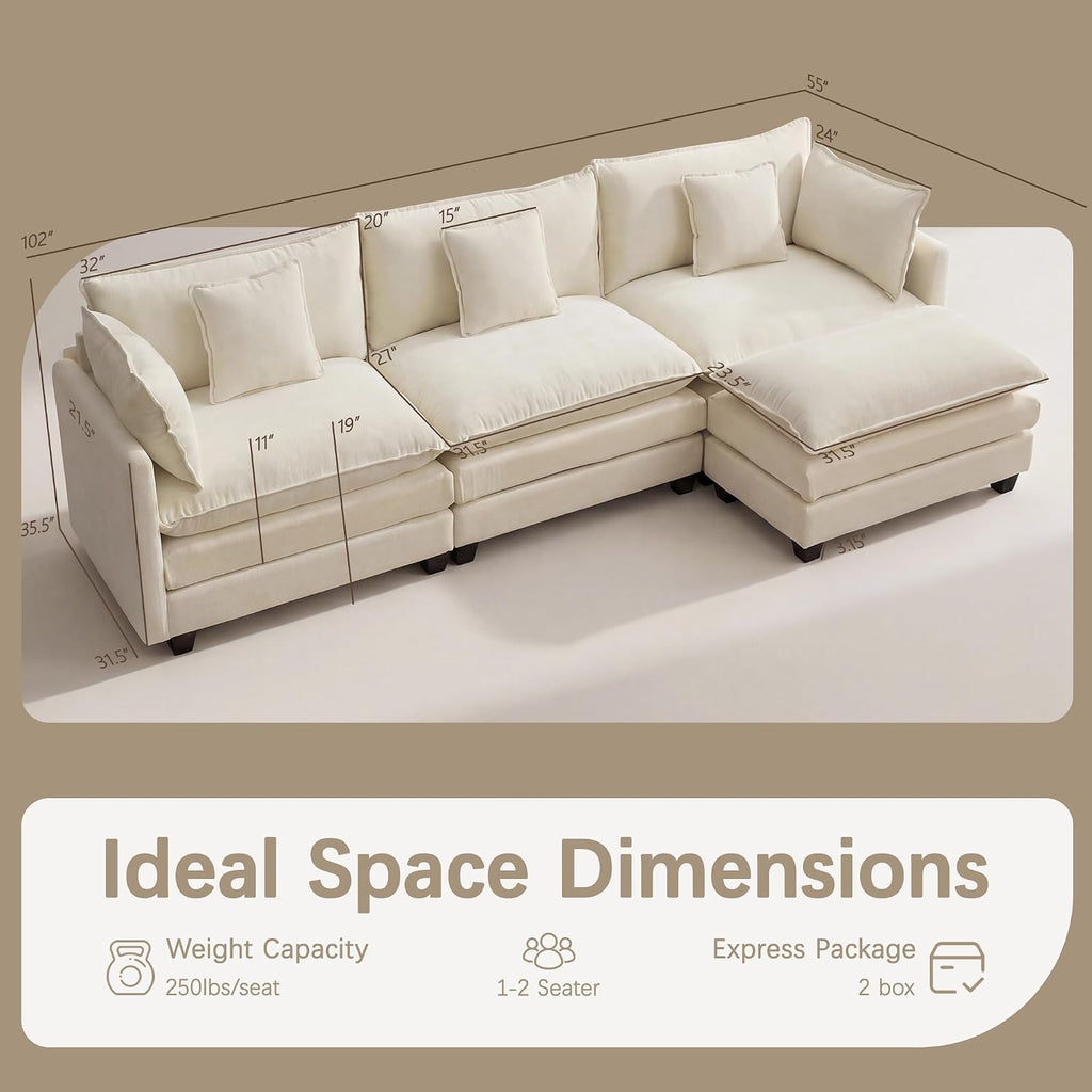 Modular Sectional Sofa for Living Room, 102" Oversized Cloud Couch with Movable Ottoman, 4 Seat Modern Comfy Sofa Chenille Deep Seat Couches with L Shape, for Office Bedroom Living Room