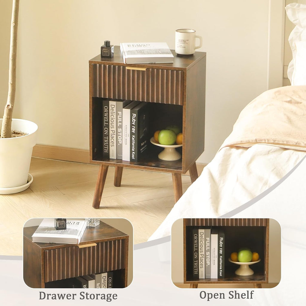 Fultyle Mid Century Modern Nightstand, Wood Bedside Table with Drawer and Open Storage, End Table Living Room Fluted Night Stand with Solid Wood Legs for Bedroom (Rustic Brown)