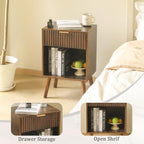 Fultyle Mid Century Modern Nightstand, Wood Bedside Table with Drawer and Open Storage, End Table Living Room Fluted Night Stand with Solid Wood Legs for Bedroom (Rustic Brown)