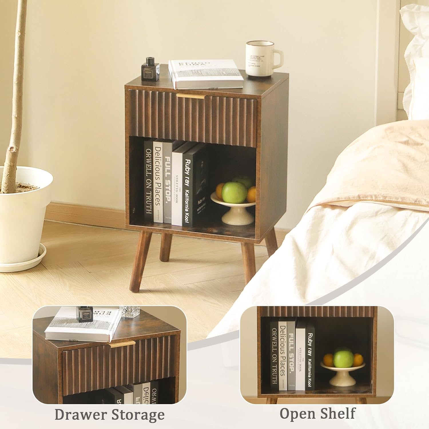 Fultyle Mid Century Modern Nightstand, Wood Bedside Table with Drawer and Open Storage, End Table Living Room Fluted Night Stand with Solid Wood Legs for Bedroom (Rustic Brown)