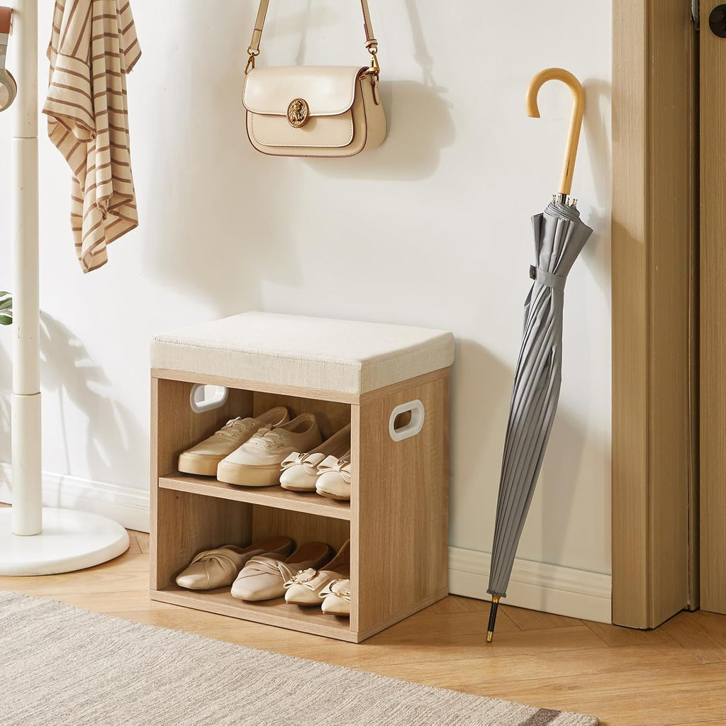 YMYNY Small Shoe Storage Bench with Cushion, 2 Tier Entryway Bench with Storage, Shoe Rack Bench for Entryway, Living Room, Hallway, Closet, Bedroom, 15.4L*11W*16.54H, Light Natural UHBD028R