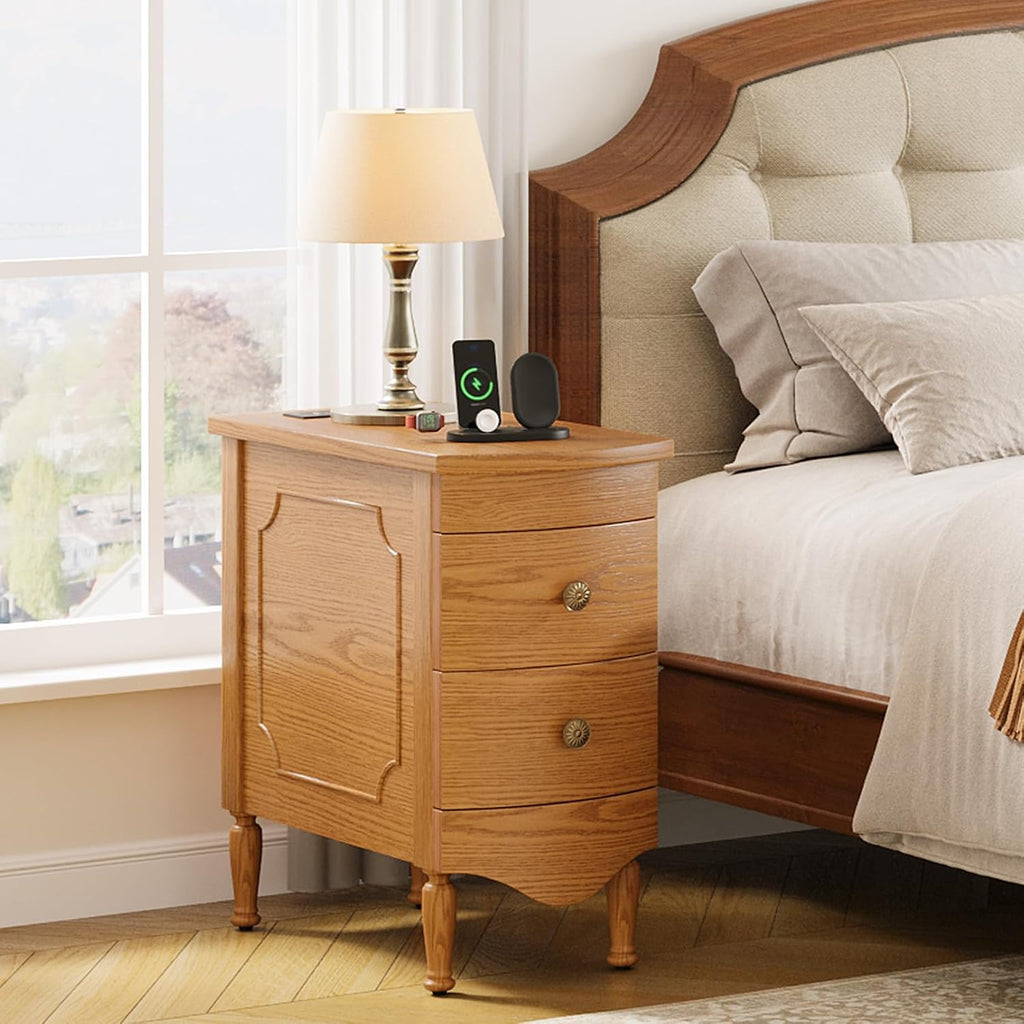 End Table Set of 2 with Charging Station, Narrow Side Table with 2 Drawer, Wood Sofa Side Table for Living Room, Vintage Slim Nightstand for Bedroom, Pre-Assembled (Light Walnut)