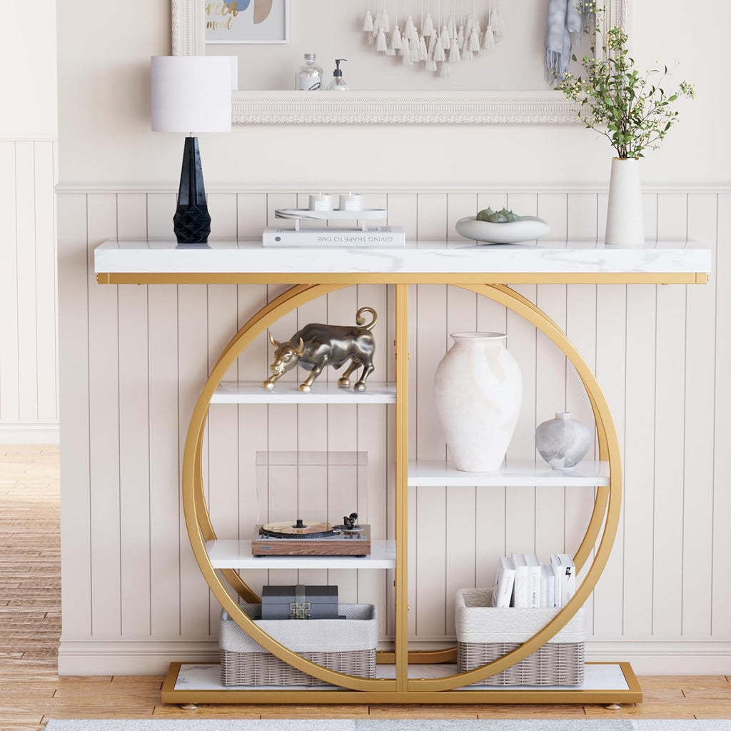 LIFECHOVY 41.3" Console Table for Entryway, Industrial Hallway Sofa Table with Storage Shelves, Narrow Accent Decor Living Room Furniture with Circle Base for Foyer, Entrance, White Gold
