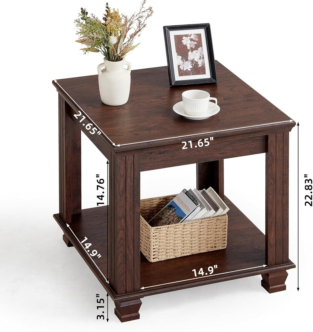SAVOR LIFE Farmhouse End Table,Large Side Table with 2-Tier Storage Shelf,Rustic Brown End Tables for Living Room,Square Tea Table,Walnut
