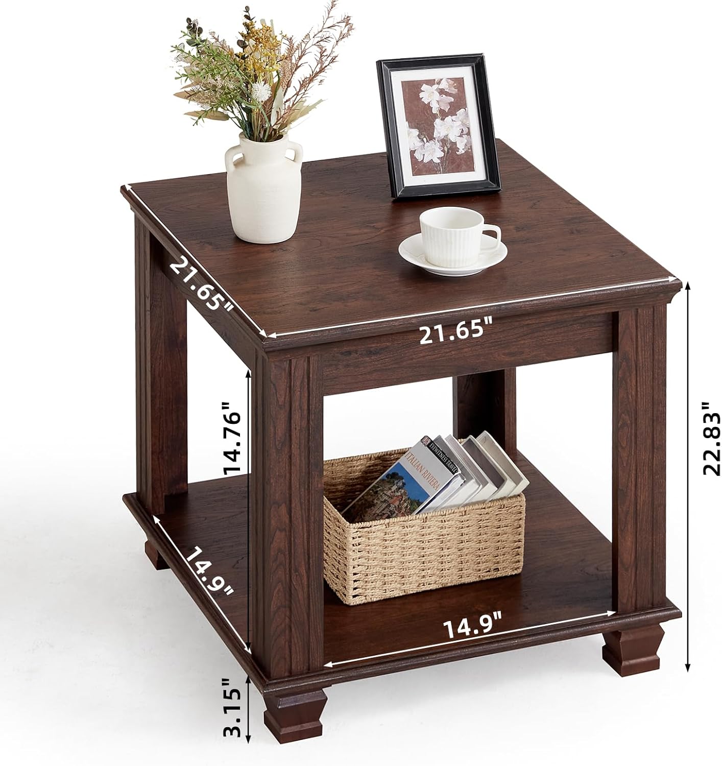 SAVOR LIFE Farmhouse End Table,Large Side Table with 2-Tier Storage Shelf,Rustic Brown End Tables for Living Room,Square Tea Table,Walnut