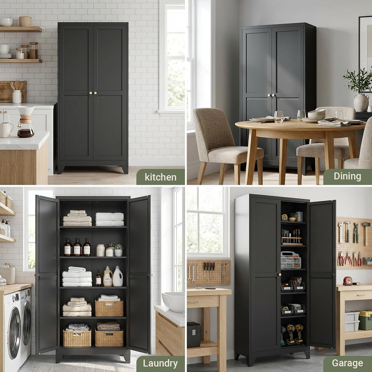 71" Metal Kitchen Storage Cabinet with Doors, Freestanding Steel Pantry Cabinet, 4 Adjustable Shelves, for Dining Room, Black